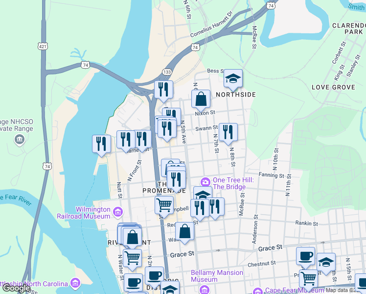 map of restaurants, bars, coffee shops, grocery stores, and more near 916 1/2 North 5th Avenue in Wilmington