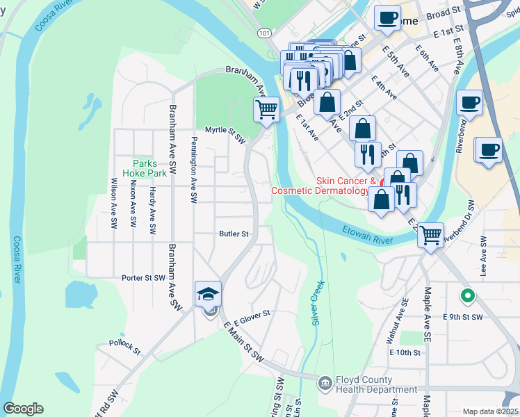 map of restaurants, bars, coffee shops, grocery stores, and more near 407 South Broad Street Southwest in Rome