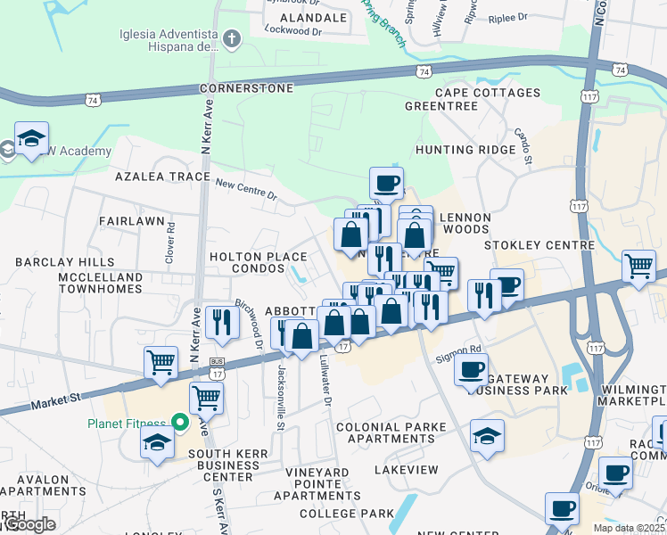 map of restaurants, bars, coffee shops, grocery stores, and more near 418 Cobblestone Drive in Wilmington