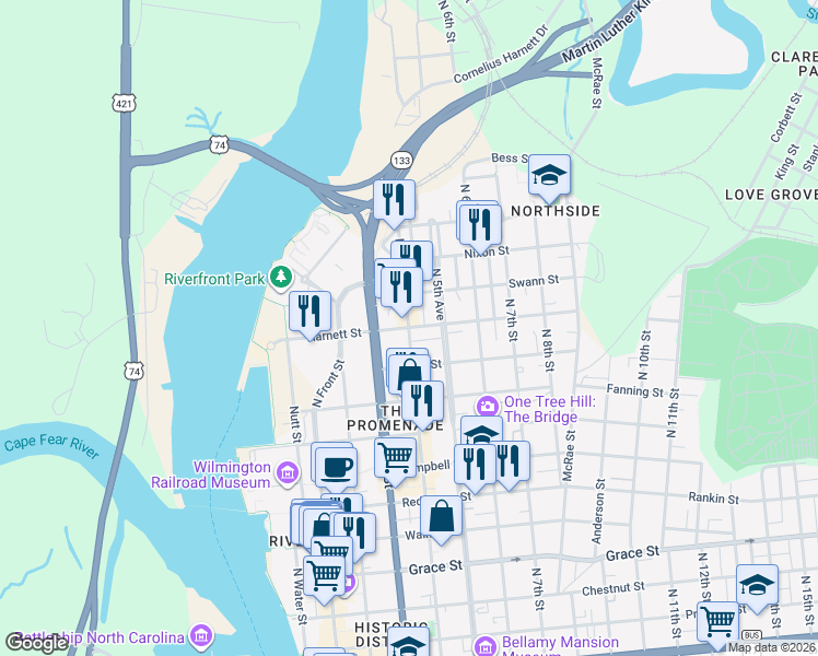 map of restaurants, bars, coffee shops, grocery stores, and more near N 4th St & Harnett St in Wilmington