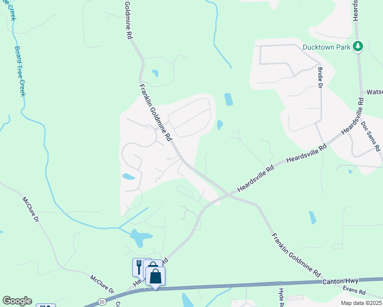 map of restaurants, bars, coffee shops, grocery stores, and more near 5360 Franklin Goldmine Road in Cumming