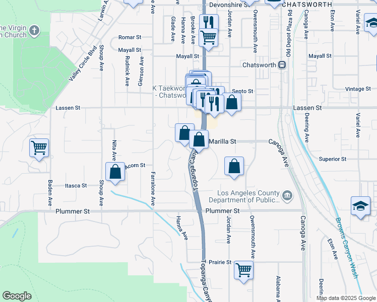 map of restaurants, bars, coffee shops, grocery stores, and more near 9733 Topanga Canyon Boulevard in Los Angeles
