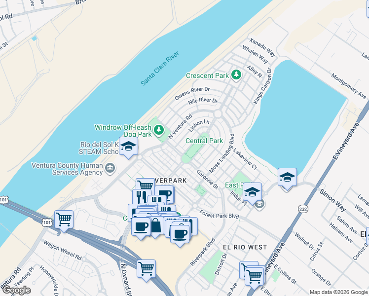 map of restaurants, bars, coffee shops, grocery stores, and more near 3101 North Oxnard Boulevard in Oxnard