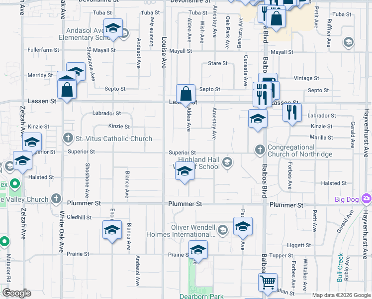 map of restaurants, bars, coffee shops, grocery stores, and more near 17201 Superior Street in Los Angeles