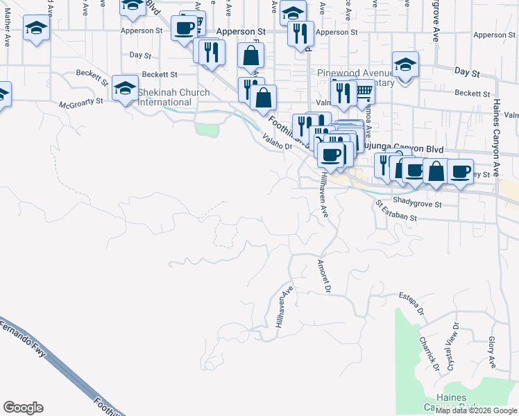 map of restaurants, bars, coffee shops, grocery stores, and more near 7415 Verdugo Crestline Drive in Los Angeles
