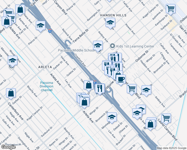 map of restaurants, bars, coffee shops, grocery stores, and more near 13339 Bonanza Street in Los Angeles