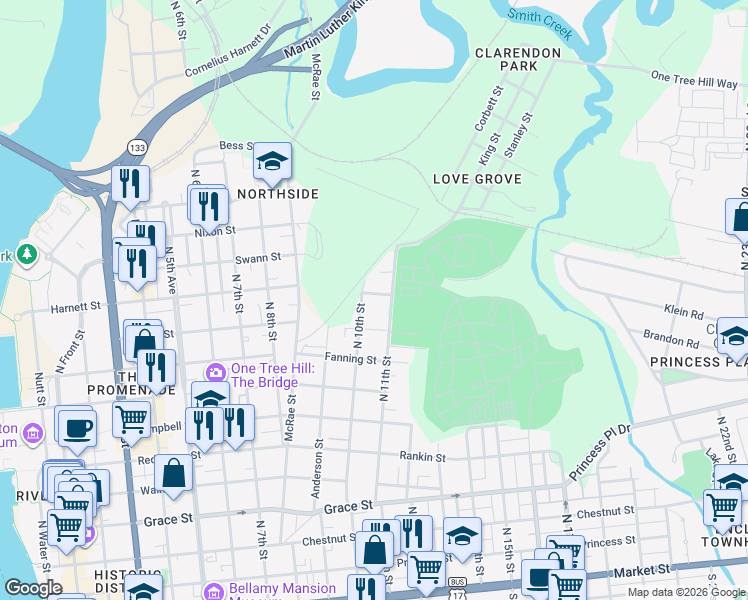 map of restaurants, bars, coffee shops, grocery stores, and more near 911 North 11th Street in Wilmington