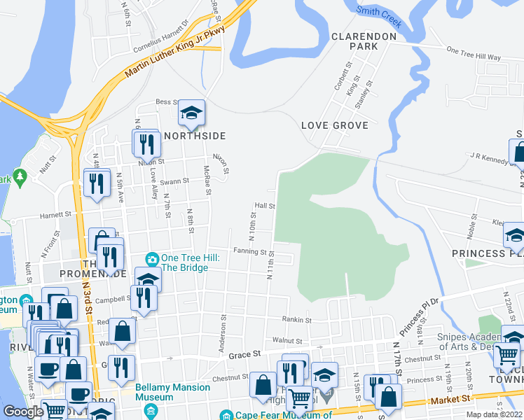map of restaurants, bars, coffee shops, grocery stores, and more near 1006 Hall Street in Wilmington