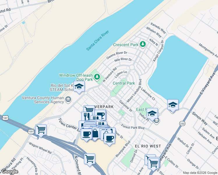map of restaurants, bars, coffee shops, grocery stores, and more near 710 Garonne Street in Oxnard