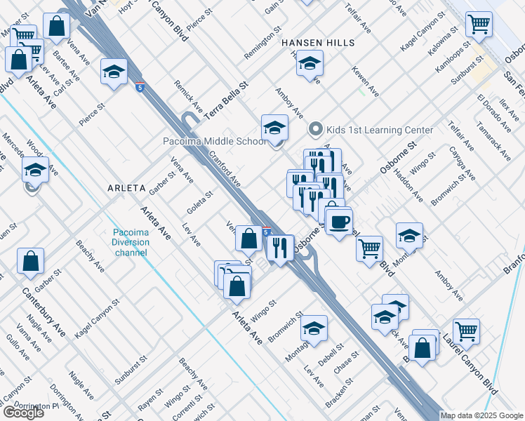 map of restaurants, bars, coffee shops, grocery stores, and more near 13339 Bonanza Street in Los Angeles