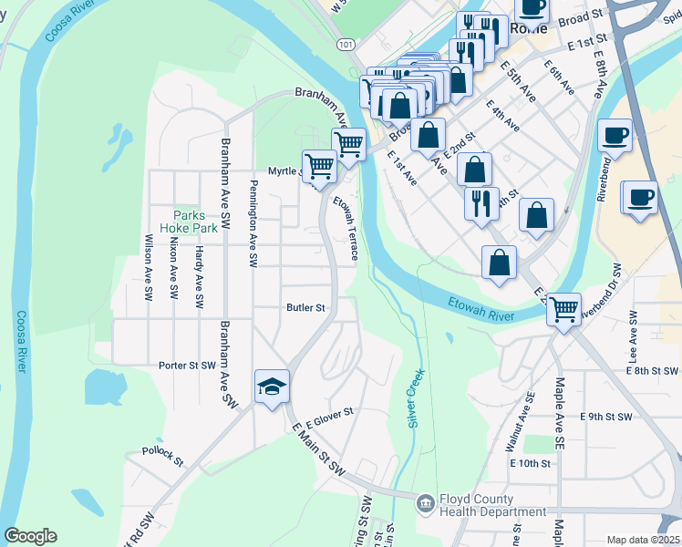 map of restaurants, bars, coffee shops, grocery stores, and more near 403 South Broad Street Southwest in Rome