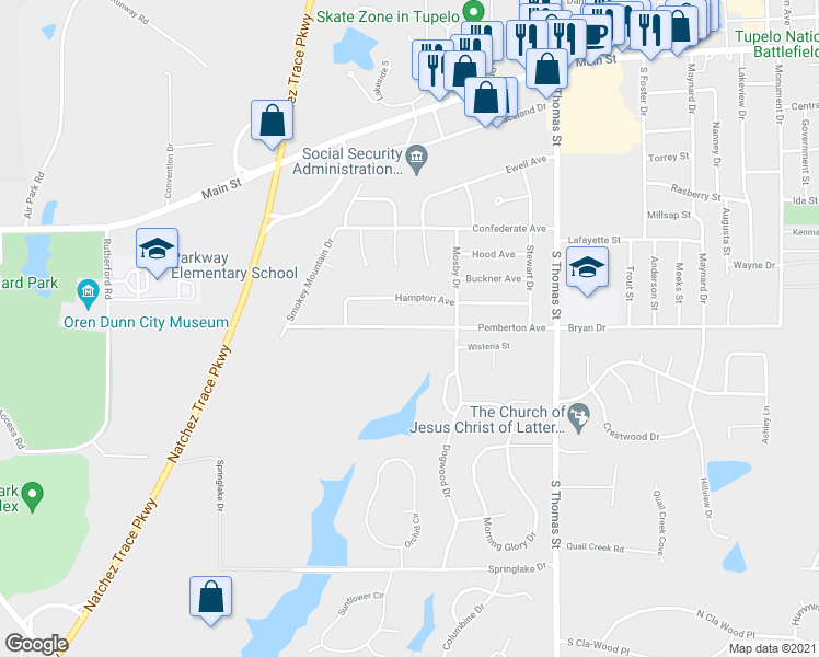 map of restaurants, bars, coffee shops, grocery stores, and more near 2611 Pemberton Avenue in Tupelo