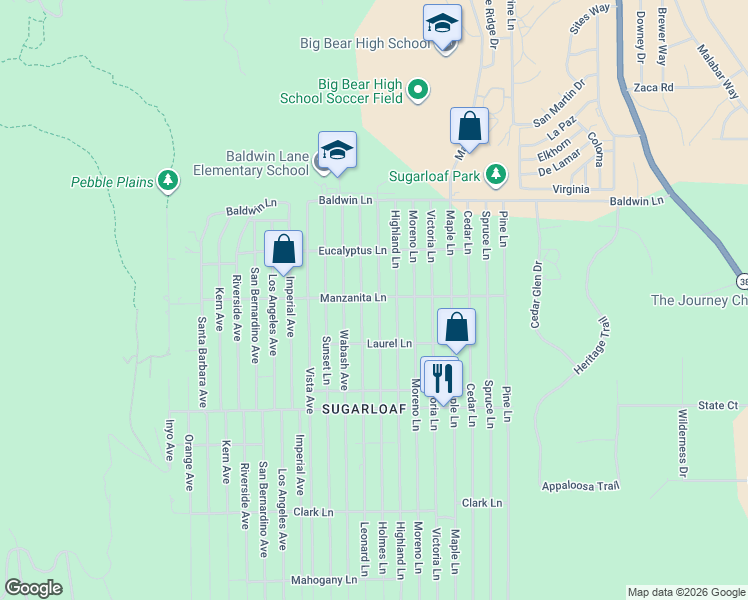 map of restaurants, bars, coffee shops, grocery stores, and more near 298 Holmes Lane in Big Bear