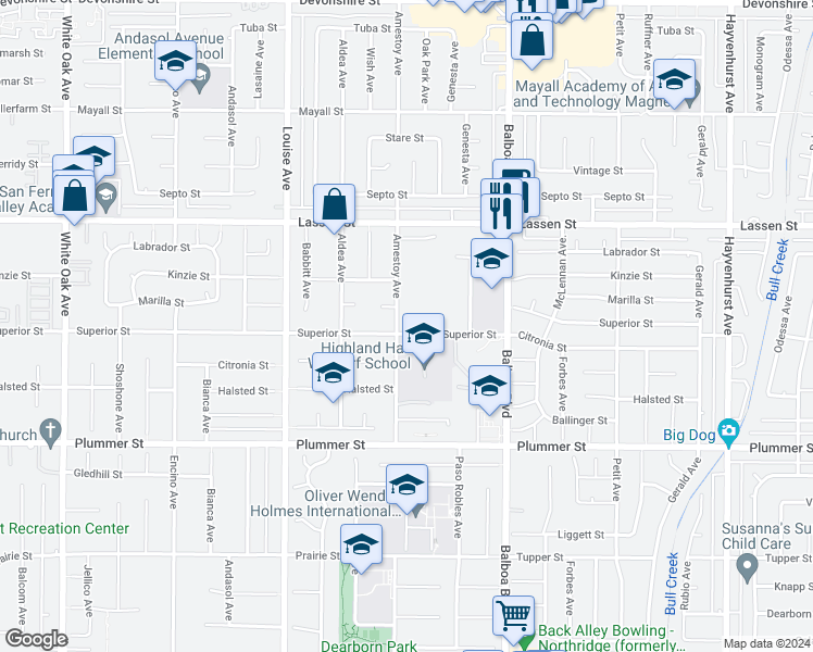 map of restaurants, bars, coffee shops, grocery stores, and more near 9710 Amestoy Avenue in Los Angeles
