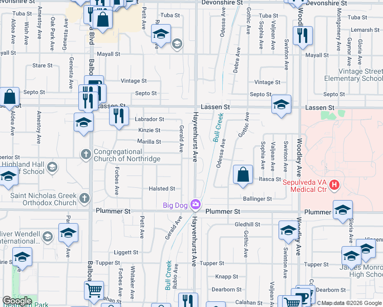 map of restaurants, bars, coffee shops, grocery stores, and more near 9661 Hayvenhurst Avenue in Los Angeles