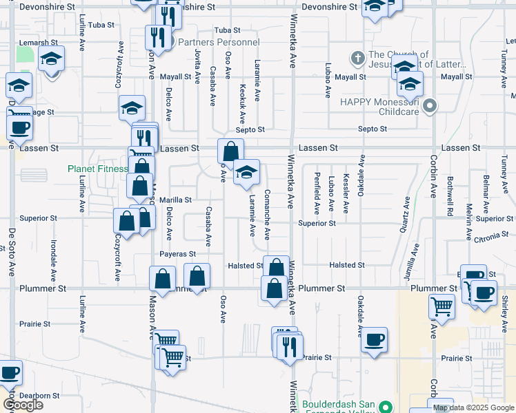 map of restaurants, bars, coffee shops, grocery stores, and more near 9726 Laramie Avenue in Chatsworth