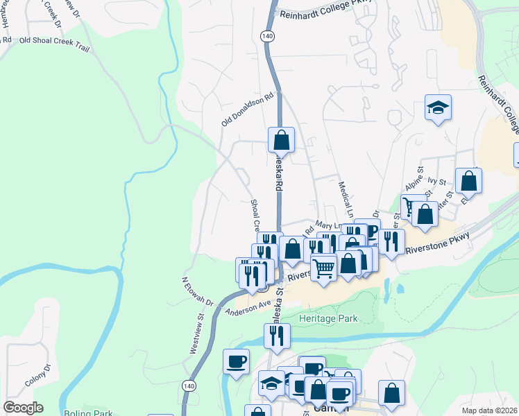 map of restaurants, bars, coffee shops, grocery stores, and more near 284 Shoal Creek Road in Canton