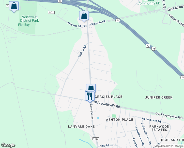 map of restaurants, bars, coffee shops, grocery stores, and more near 1508 Lanvale Road Northeast in Leland