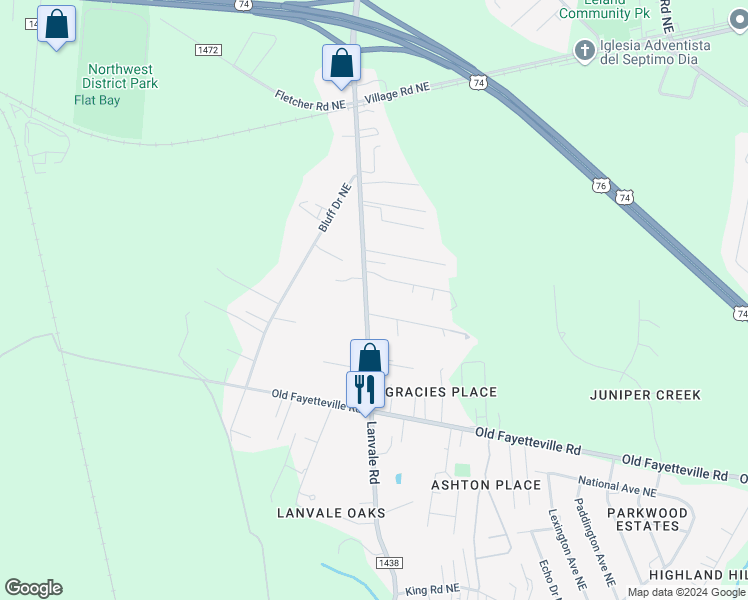 map of restaurants, bars, coffee shops, grocery stores, and more near 1508 Lanvale Road Northeast in Leland