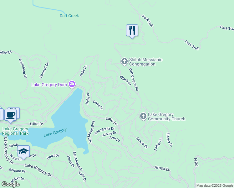 map of restaurants, bars, coffee shops, grocery stores, and more near 365 Davos Drive in Crestline