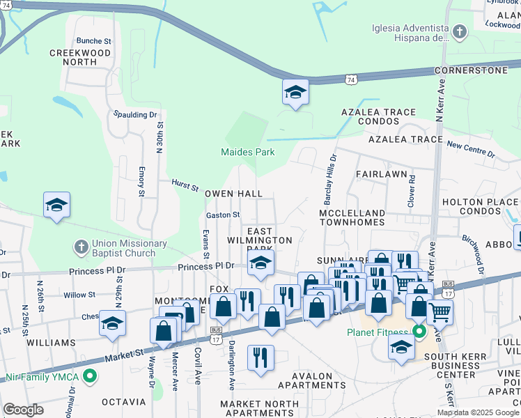 map of restaurants, bars, coffee shops, grocery stores, and more near 522 Manly Avenue in Wilmington