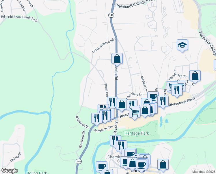 map of restaurants, bars, coffee shops, grocery stores, and more near 284 Shoal Creek Road in Canton