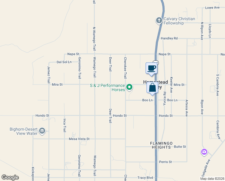map of restaurants, bars, coffee shops, grocery stores, and more near 345 Deer Trail in Yucca Valley