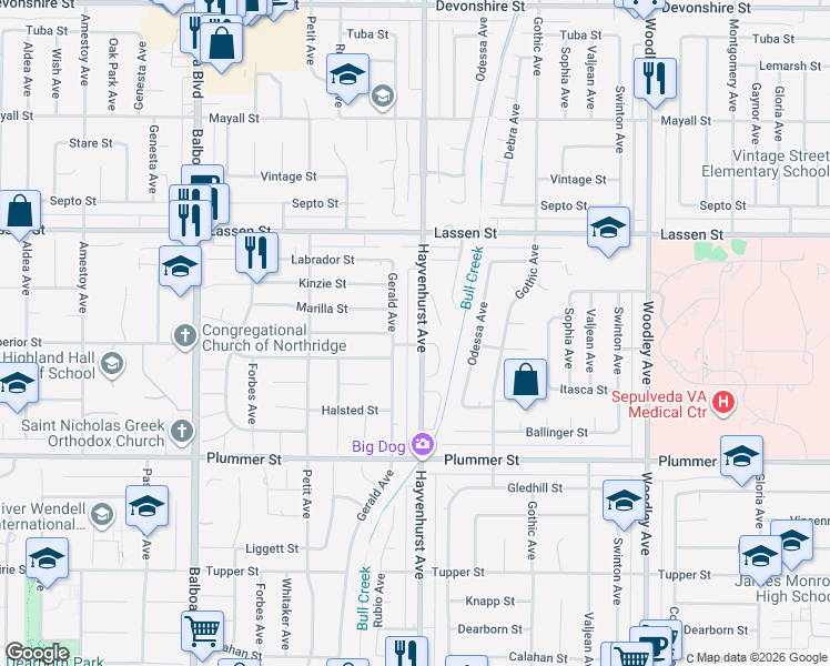 map of restaurants, bars, coffee shops, grocery stores, and more near 9661 Hayvenhurst Avenue in Los Angeles