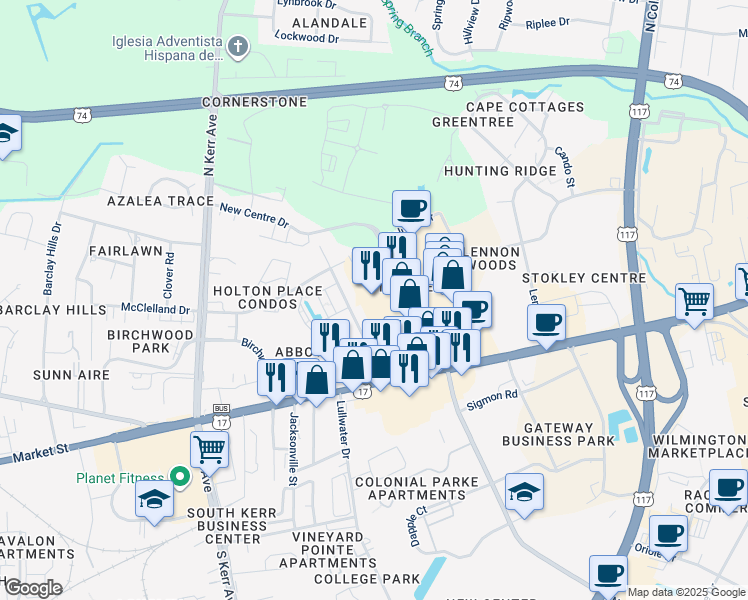 map of restaurants, bars, coffee shops, grocery stores, and more near 306 Cobblestone Drive in Wilmington
