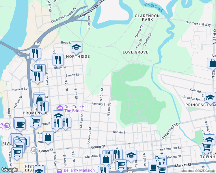 map of restaurants, bars, coffee shops, grocery stores, and more near 911 North 11th Street in Wilmington
