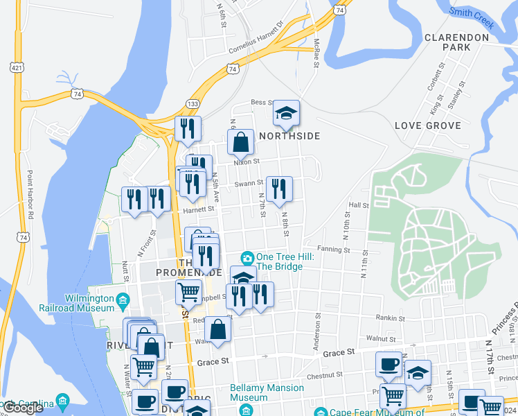 map of restaurants, bars, coffee shops, grocery stores, and more near 910 North 7th Street in Wilmington