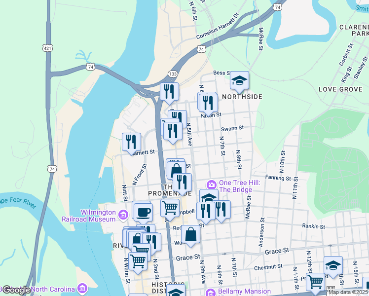 map of restaurants, bars, coffee shops, grocery stores, and more near in Wilmington