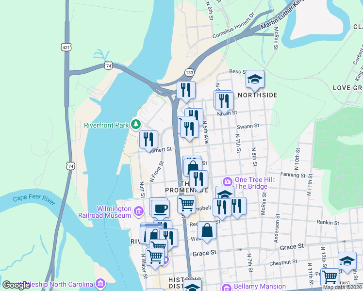 map of restaurants, bars, coffee shops, grocery stores, and more near 923 North 3rd Street in Wilmington