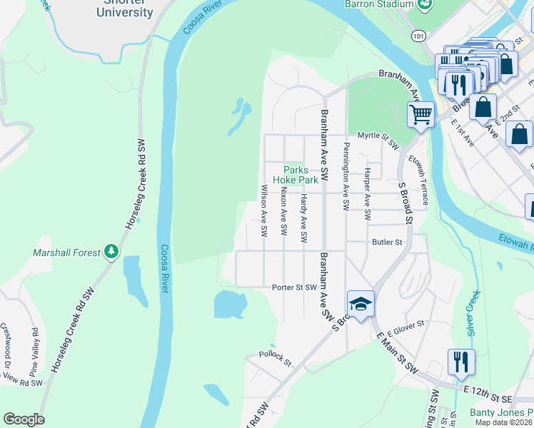 map of restaurants, bars, coffee shops, grocery stores, and more near 403 Wilson Avenue Southwest in Rome
