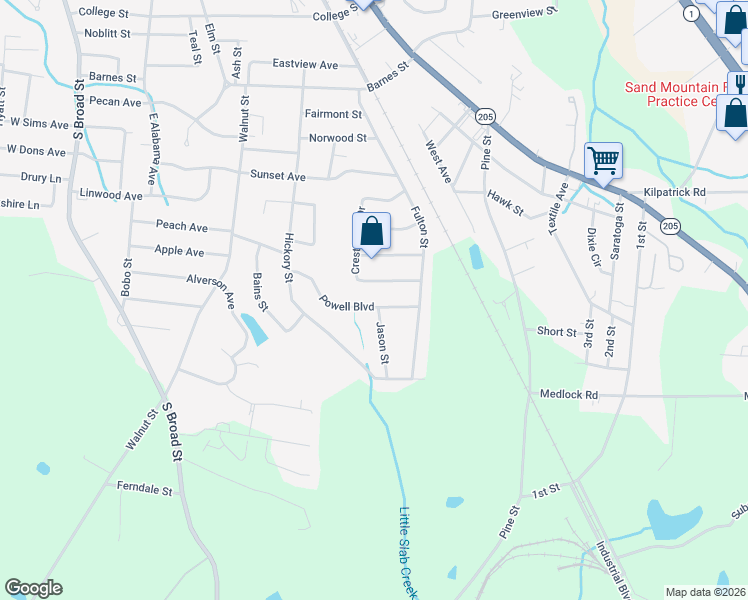 map of restaurants, bars, coffee shops, grocery stores, and more near 615 Powell Boulevard in Albertville