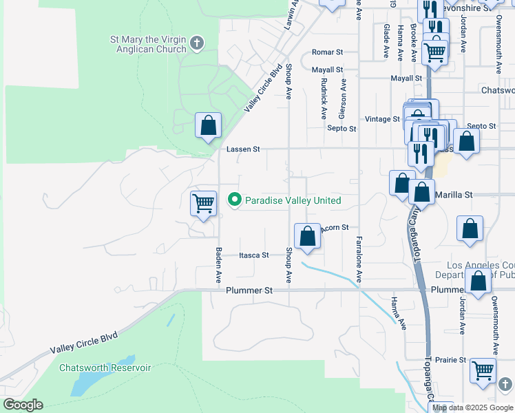 map of restaurants, bars, coffee shops, grocery stores, and more near 22456 Needles Street in Los Angeles
