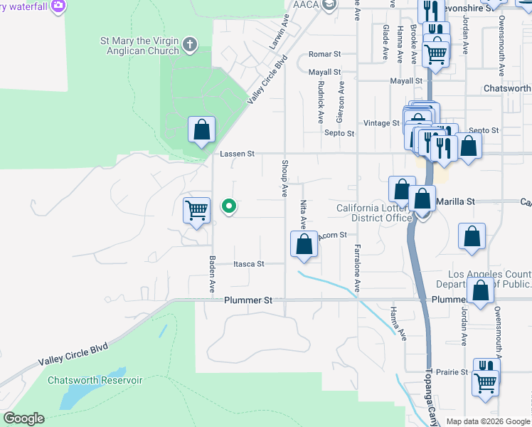 map of restaurants, bars, coffee shops, grocery stores, and more near 22427 Needles Street in Los Angeles