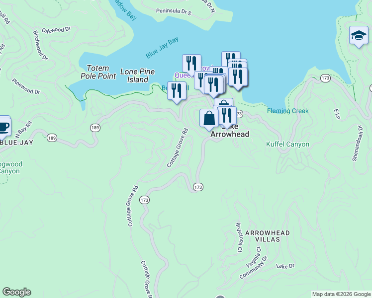 map of restaurants, bars, coffee shops, grocery stores, and more near 334 Dolly Varden Drive in Lake Arrowhead