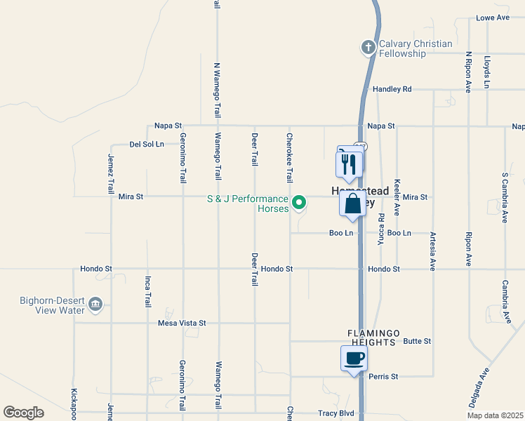 map of restaurants, bars, coffee shops, grocery stores, and more near 345 Deer Trail in Yucca Valley