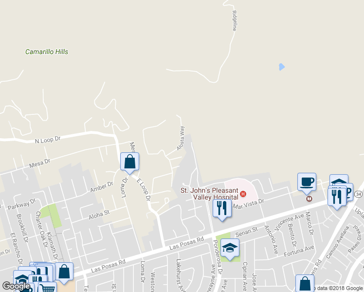 map of restaurants, bars, coffee shops, grocery stores, and more near 400 Alosta Way in Camarillo