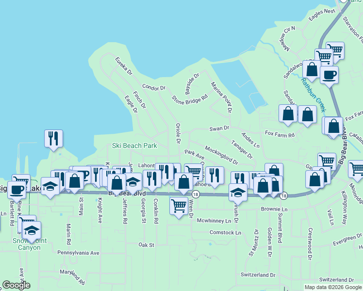 map of restaurants, bars, coffee shops, grocery stores, and more near 307 Oriole Drive in Big Bear Lake