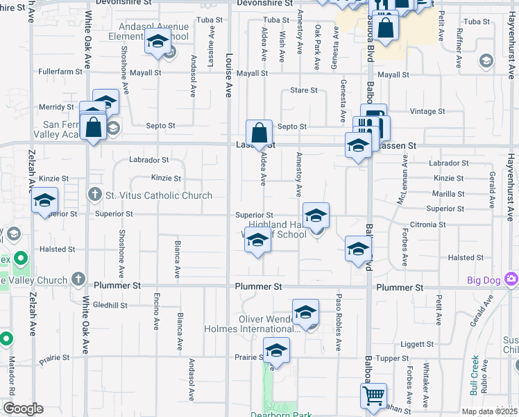 map of restaurants, bars, coffee shops, grocery stores, and more near 17201 Superior Street in Los Angeles