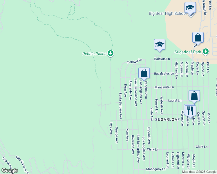 map of restaurants, bars, coffee shops, grocery stores, and more near 298 Dixie Lee Lane in Big Bear