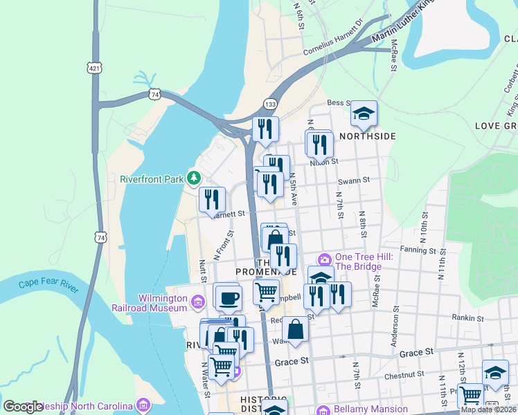 map of restaurants, bars, coffee shops, grocery stores, and more near 923 North 3rd Street in Wilmington