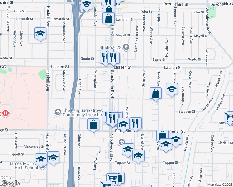 map of restaurants, bars, coffee shops, grocery stores, and more near 9714 Sepulveda Boulevard in Los Angeles
