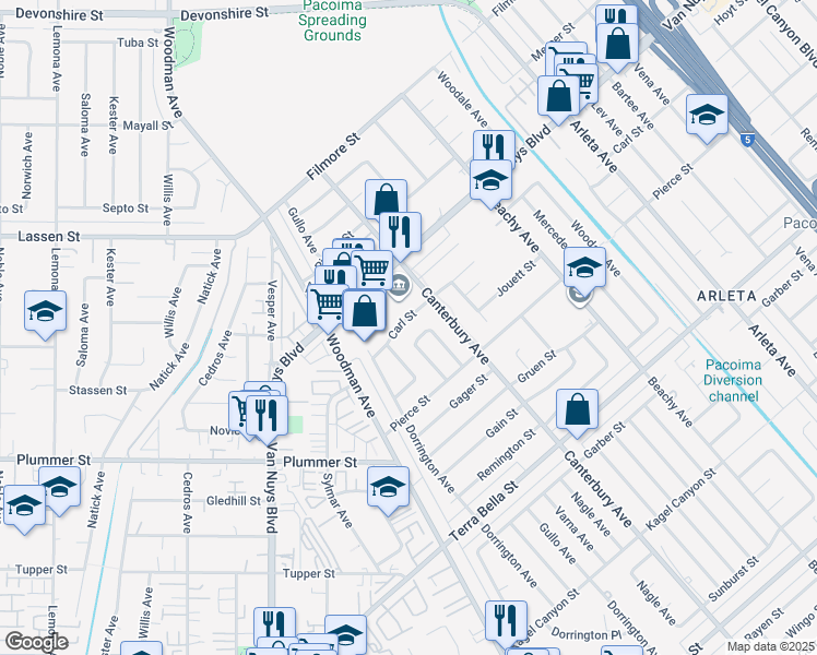 map of restaurants, bars, coffee shops, grocery stores, and more near 14318 Carl Street in Los Angeles