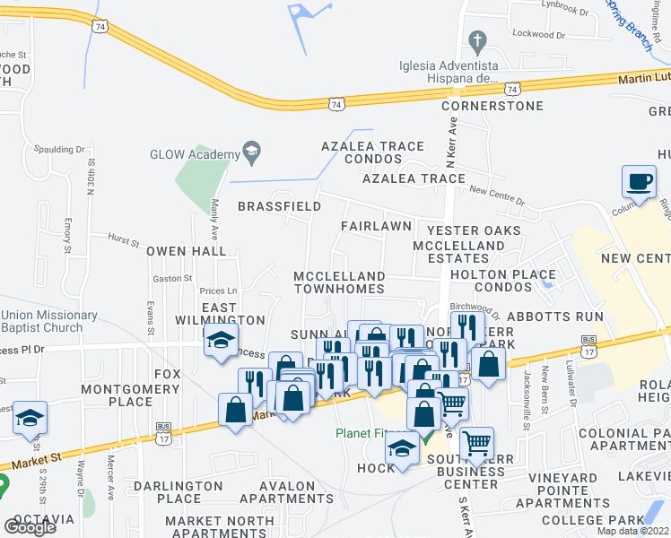 map of restaurants, bars, coffee shops, grocery stores, and more near 412 Estate Road in Wilmington