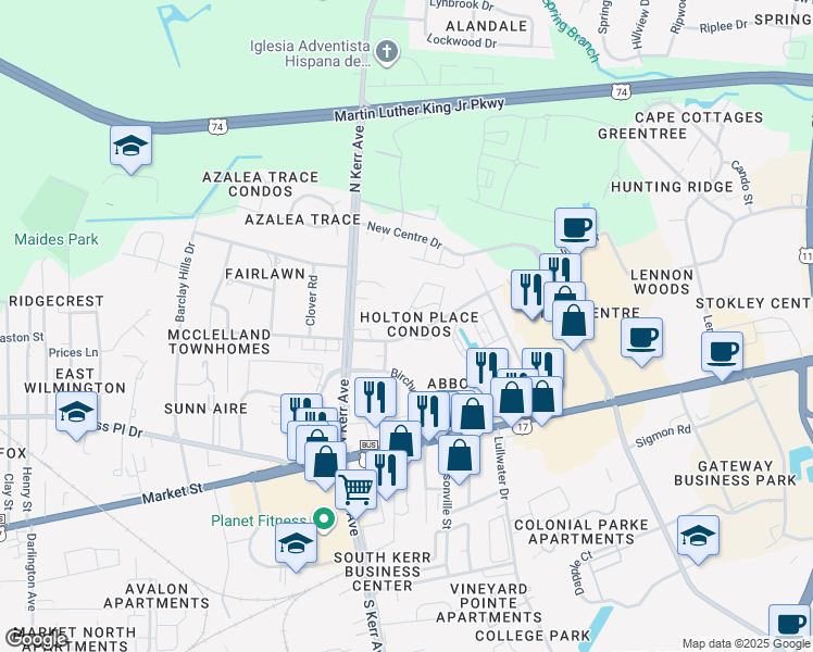 map of restaurants, bars, coffee shops, grocery stores, and more near 4610 McClelland Drive in Wilmington