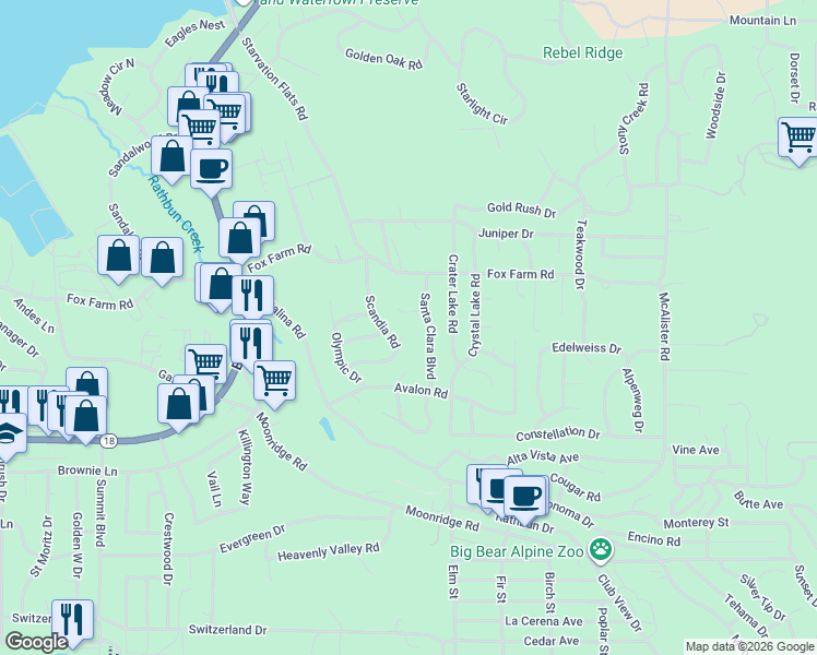 map of restaurants, bars, coffee shops, grocery stores, and more near 42452 Holiday Lane in Big Bear Lake