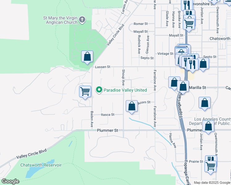 map of restaurants, bars, coffee shops, grocery stores, and more near 22427 Needles Street in Los Angeles